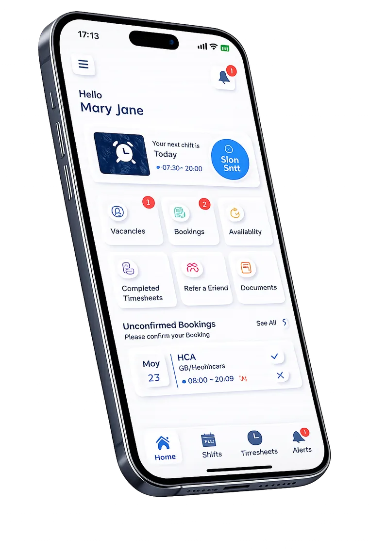 Logezy branded candidate mobile app showing vacancies, bookings, availability, timesheets and shift alerts