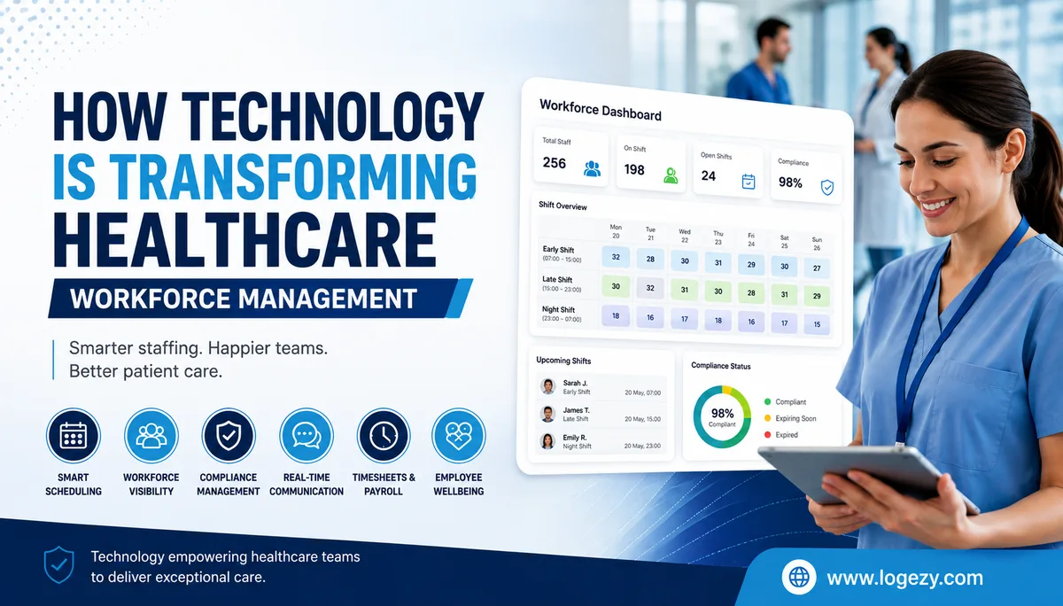 How technology is transforming healthcare workforce management — Logezy workforce dashboard with scheduling, shift overview and compliance status