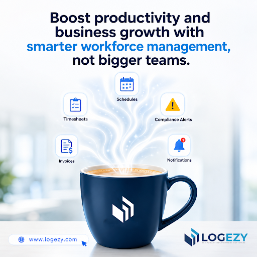 Workforce management software illustration showing employee scheduling, digital timesheets, attendance tracking and compliance tools in one platform